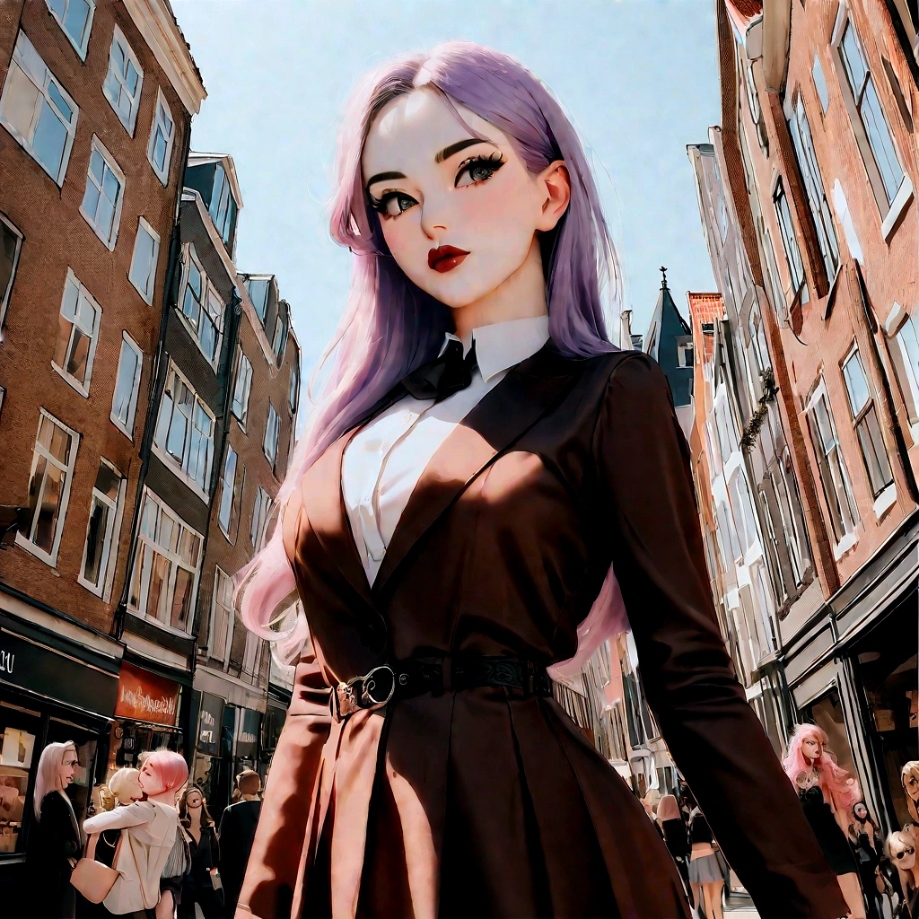 (((Sophie Mudd))), Photo brute, belle 24 ans.oh woman, visage mignon, very hot, wonderful goddess, (((Cheveux noirs mi-longs))), frange devant, yeux marrons, in Amsterdam, well dressed with a shirt, Low angle shot, Coup moyen, photo de haute qualité
