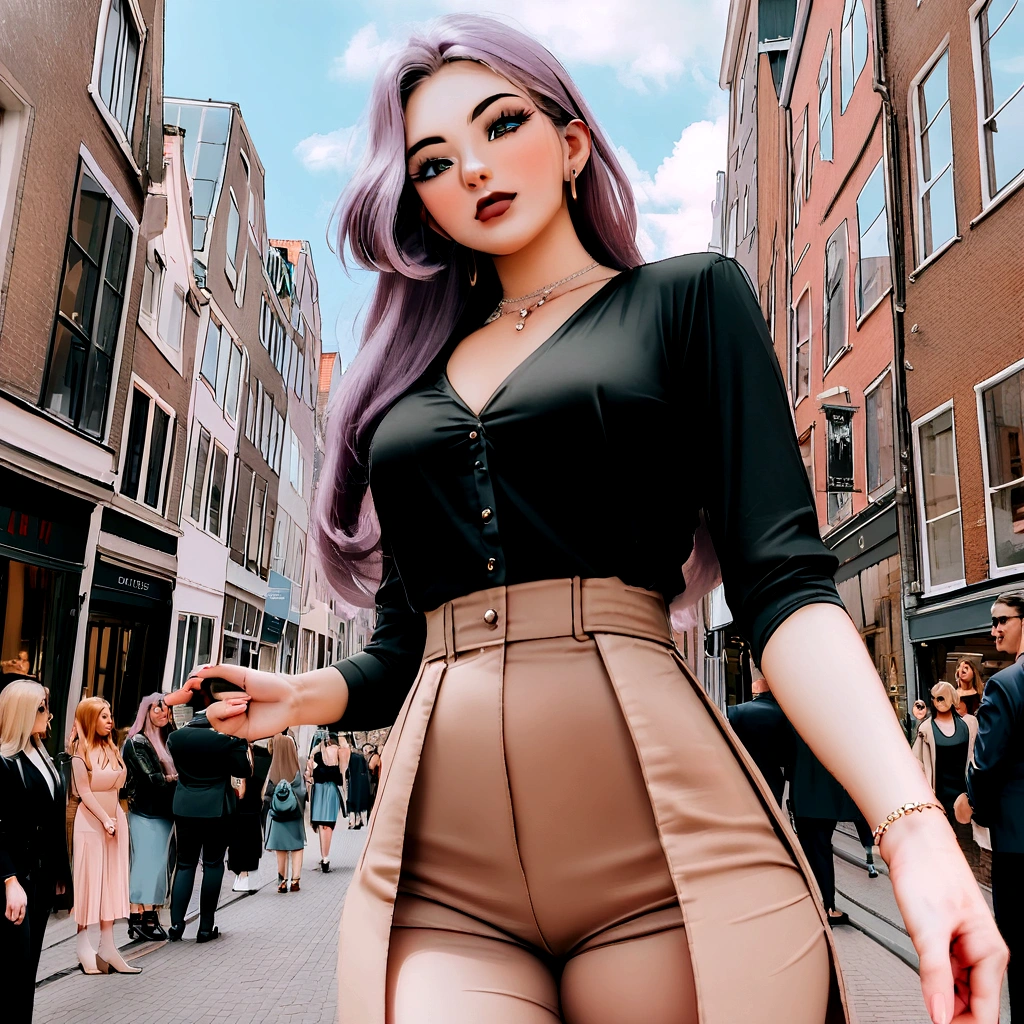 (((Sophie Mudd))), Photo brute, belle 24 ans.oh woman, visage mignon, very hot, wonderful goddess, (((Cheveux noirs mi-longs))), frange devant, yeux marrons, in Amsterdam, well dressed with a shirt, Low angle shot, Coup moyen, photo de haute qualité