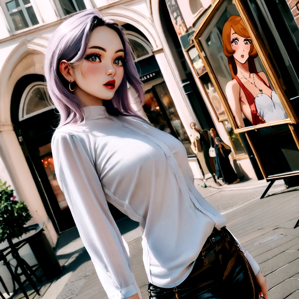 (((Sophie Mudd))), Photo brute, belle 24 ans.oh woman, visage mignon, very hot, wonderful goddess, (((Cheveux noirs mi-longs))), frange devant, yeux marrons, in Amsterdam, well dressed with a shirt, Low angle shot, Coup moyen, photo de haute qualité