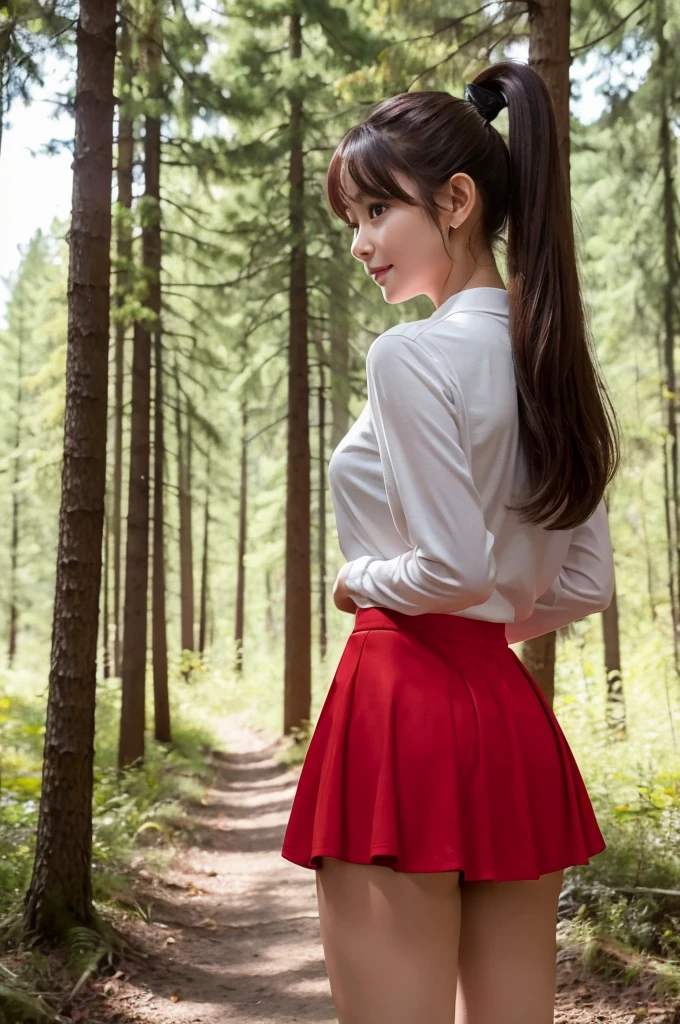 Photo style cute Ponytail in the woods mini skirt Red clothes