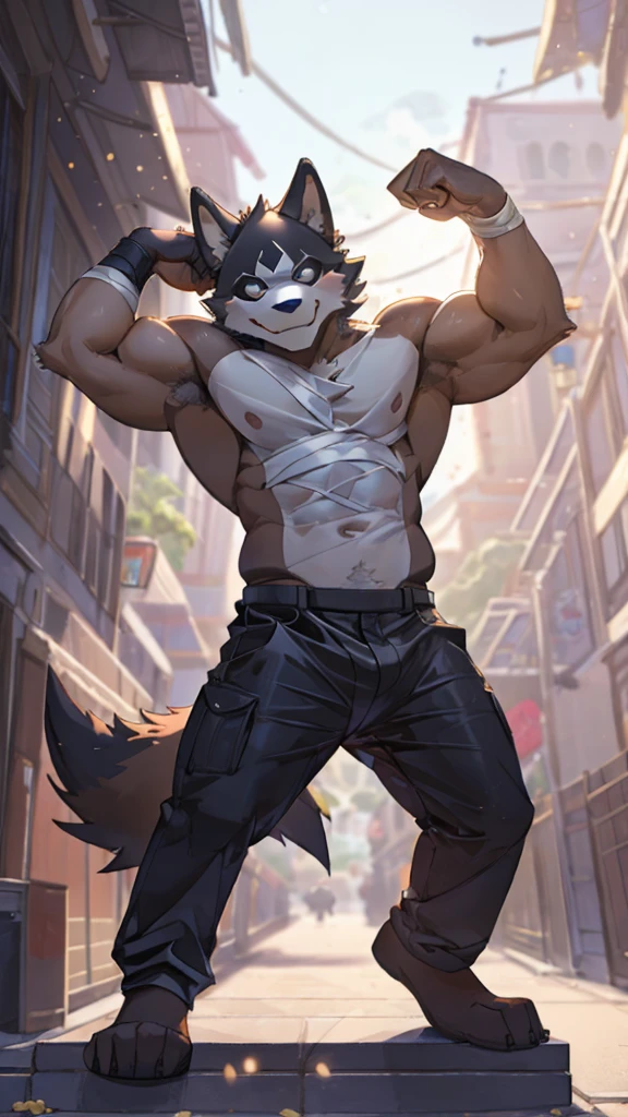 (furry_art), E621, adult content, mature, low-key light, by littleblackalas, NSFW, extremely_detailed, close up, drawing of puro (changed), (extremely detailed:1puro, mask, puro_(changed), adult), (dynamic posture: 1.5) anthro_wolf, arm bandages, black long cargo pants, large_bulge, bandages, tiny_head, bara, broad_shoulders, large_body, tail, very long legs, long arms, very tall, musculine_body, grey tanktop, (flexing position: 1.3), low camera angle, front_view_pov, open_legs, close_up_shot, warm_lighting, light_flare, volumetric_light, alleyway, street lights, Male focus, yofukashi background., Best quality, masterpiece, midsummer, expressive, (bokeh:1.3), depth of field.