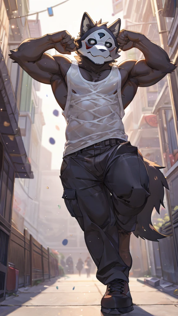 (furry_art), E621, adult content, mature, low-key light, by littleblackalas, NSFW, extremely_detailed, close up, drawing of puro (changed), (extremely detailed:1puro, mask, puro_(changed), adult), (dynamic posture: 1.5) anthro_wolf, arm bandages, black long cargo pants, large_bulge, bandages, tiny_head, bara, broad_shoulders, large_body, tail, very long legs, long arms, very tall, musculine_body, grey tanktop, (flexing position: 1.3), low camera angle, front_view_pov, open_legs, close_up_shot, warm_lighting, light_flare, volumetric_light, alleyway, street lights, Male focus, yofukashi background., Best quality, masterpiece, midsummer, expressive, (bokeh:1.3), depth of field.