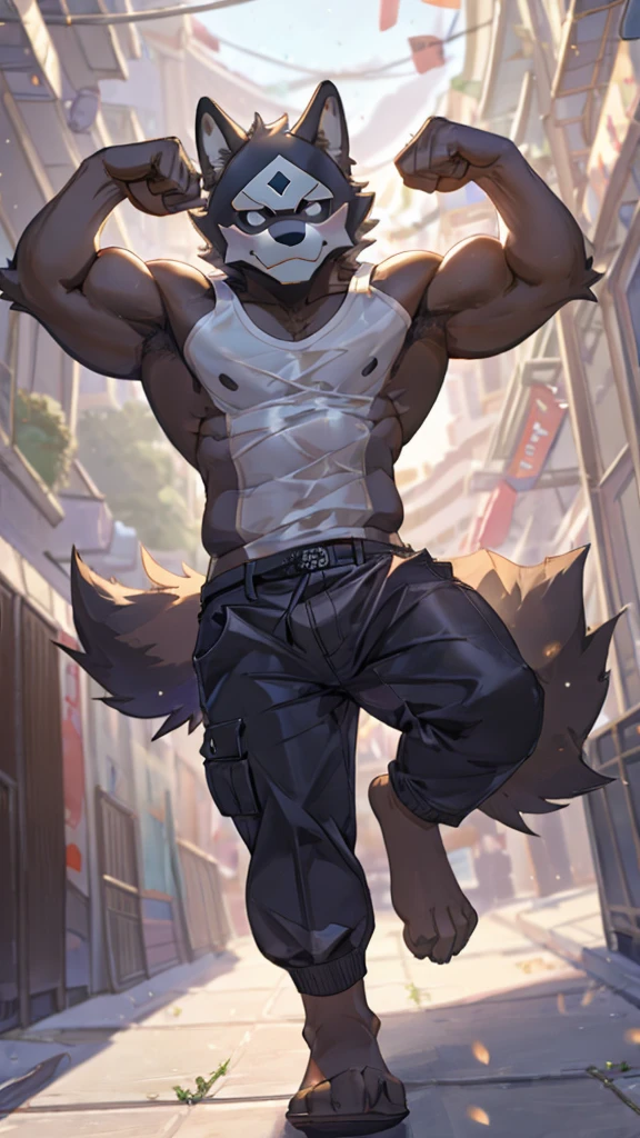 (furry_art), E621, adult content, mature, low-key light, by littleblackalas, NSFW, extremely_detailed, close up, drawing of puro (changed), (extremely detailed:1puro, mask, puro_(changed), adult), (dynamic posture: 1.5) anthro_wolf, arm bandages, black long cargo pants, large_bulge, bandages, tiny_head, bara, broad_shoulders, large_body, tail, very long legs, long arms, very tall, musculine_body, grey tanktop, (flexing position: 1.3), low camera angle, front_view_pov, open_legs, close_up_shot, warm_lighting, light_flare, volumetric_light, alleyway, street lights, Male focus, yofukashi background., Best quality, masterpiece, midsummer, expressive, (bokeh:1.3), depth of field.