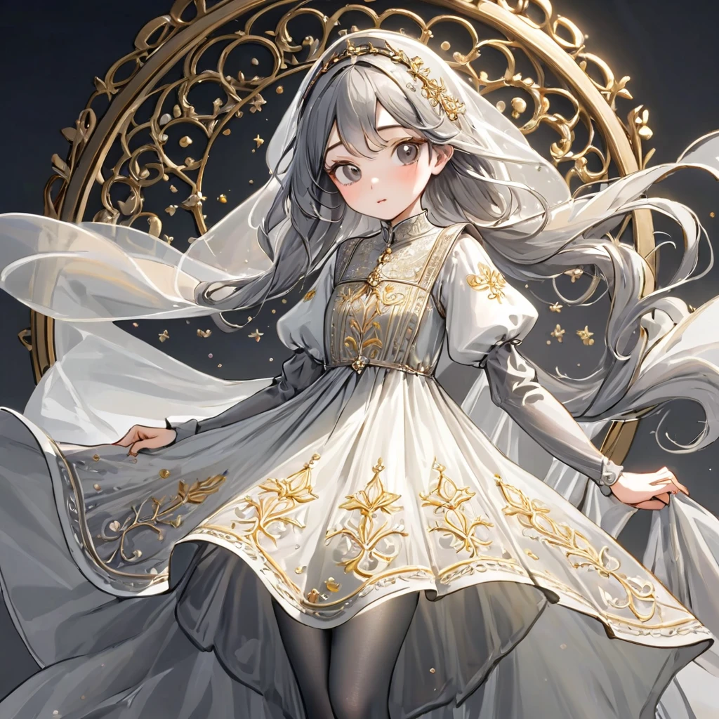 girl, Gold and silver embroidery, White-gray pearl medieval long dress（With panniers）, Translucent fabric, Pull up the dress by hand, Strong winds, Translucent slip, Grey translucent tights, Peeking from below, Highest quality, Disorder of clothing, sit
