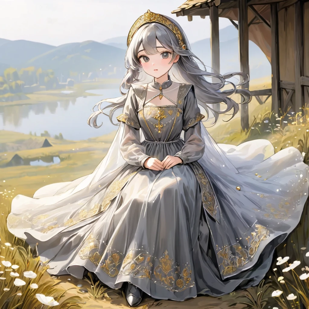 girl, Gold and silver embroidery, White-gray pearl medieval long dress(With panniers), Translucent fabric, Pull up the dress by hand, Strong winds, Translucent slip, Grey translucent tights, Peeking from below, Highest quality, Disorder of clothing, sit