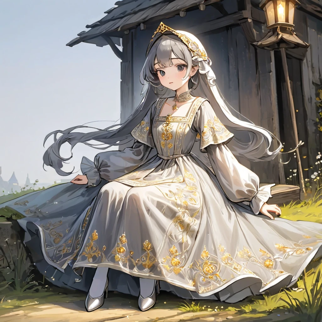girl, Gold and silver embroidery, White-gray pearl medieval long dress（With panniers）, Translucent fabric, Pull up the dress by hand, Strong winds, Translucent slip, Grey translucent tights, Peeking from below, Highest quality, Disorder of clothing, sit