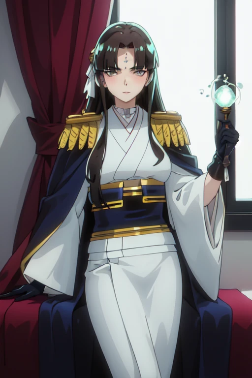 best quality, masterpiece, highres, solo, (michiko_tanaka_mahoushoujoniakogarete:1.10), 1girl, cape, epaulettes, kimono, looking at viewer, black gloves, forehead mark, holding whip, obi, breasts, anime_style, 0 