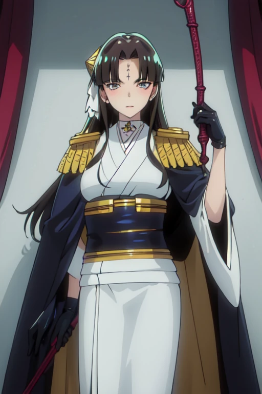 best quality, masterpiece, highres, solo, (michiko_tanaka_mahoushoujoniakogarete:1.10), 1girl, cape, epaulettes, kimono, looking at viewer, black gloves, forehead mark, holding whip, obi, breasts, anime_style, 0 