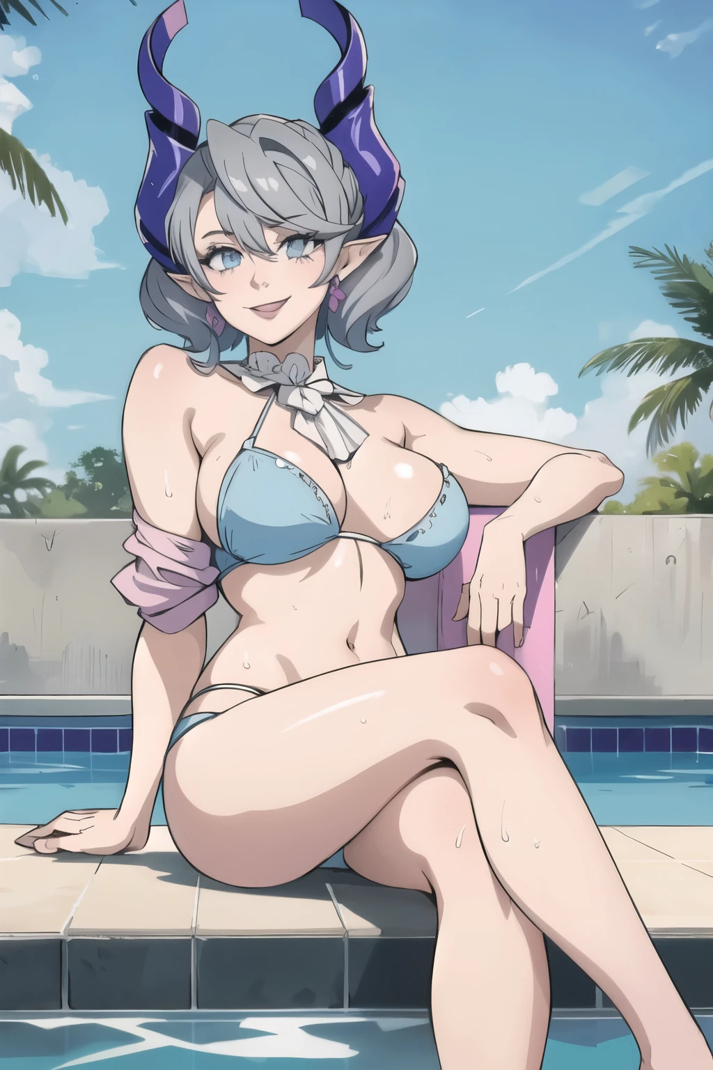 High level image quality best image quality 8K adult woman pool party rain palm trees more colors whole body view portrait bikini horn ears short hair((shortcut)(gray hair)(perm)(fluffy)) eye color is blue , , attractive evil face , smile , sexy pose , labrynth , barearm , wearing pink shirt , sitting on person by the pool , crossed legs , all wet , wet hair