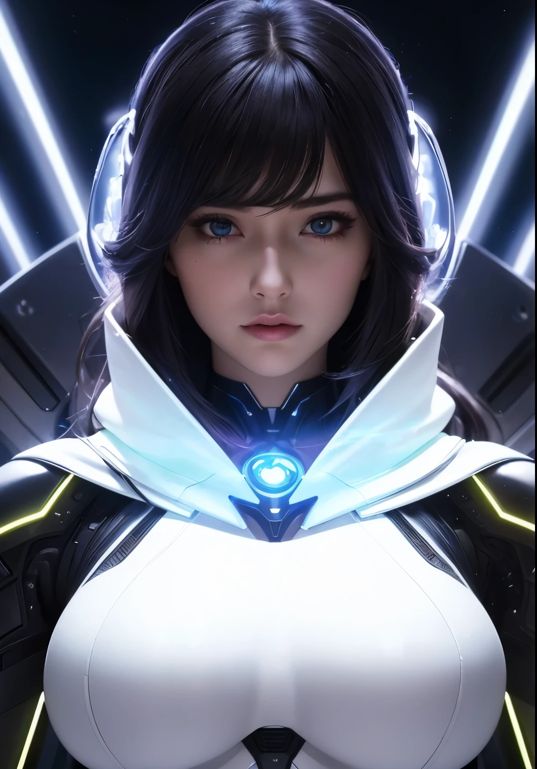 Waist up ((Extremely detailed asymmetric realistic masterpiece)) hyperrealistic masterpiece, Superhero very beauty girl ((in futuristic aesthetic style)) in extremely detailed tech plugsuit, cinematic illumination: 8k, glowing, concept art, smooth, sharp focus, illustration