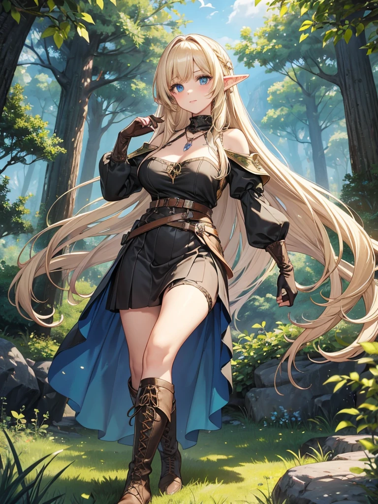 (Just one person) Features: A adventurer, fair-skinned elven woman, with elven ears, a curvy body, a thin waist, very large large bust, and wide hips. She has big sapphire blues eyes. Her hair is long blonde wolfcut style and half up half down with long curtain bangs and side bangs. Her expression is neutral. Outfit: She wears a adventurer's brown leather over-the-knee boots with laces, adventurer's brown gloves with straps that reach the elbow, a brown leather strap with ties, a very short black skirt, a low-cut green shirt with ruffles at the neckline and at the ends of the short sleeves and a necklace with a greenish diamond pendant. Setting: The place around her is a pine forest with light green leaves. The terrain has large gray stones and green grass.