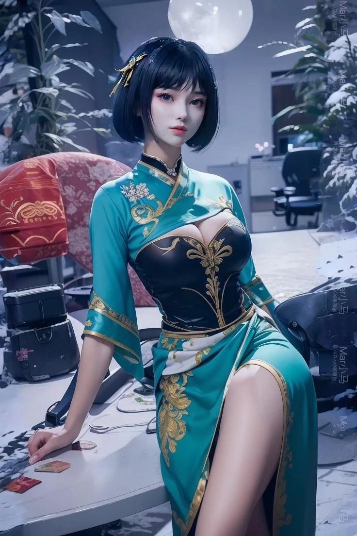1 mechanical girl,((ultra realistic details)), portrait, global illumination, shadows, octane render, 8k, ultra sharp,metal,intricate, ornaments detailed, cold colors, japanese details, highly intricate details, realistic light, trending on cgsociety, glowing eyes, facing camera, neon details, machanical limbs,blood vessels connected to tubes,mechanical vertebra attaching to back,mechanical cervial attaching to neck,sitting,wires and cables connecting to head, (((Big boobs))), (((cheongsam)))