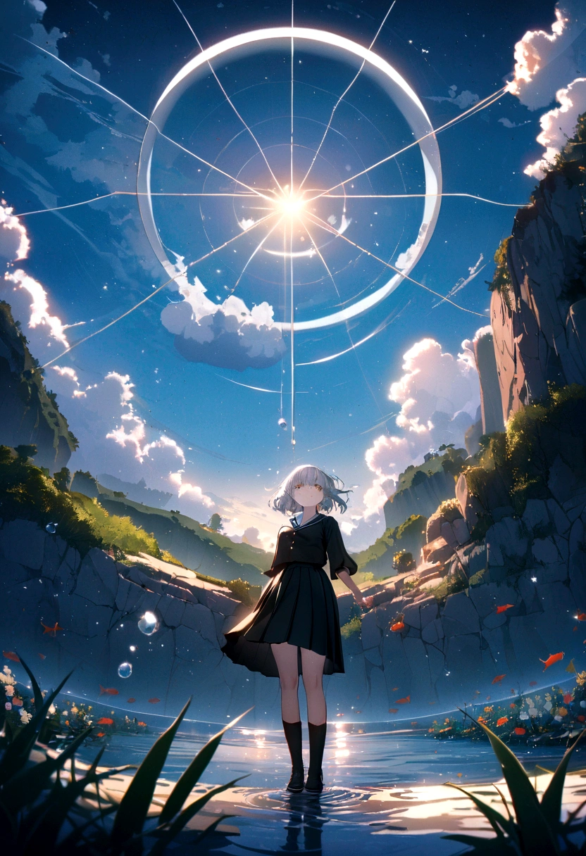 woman\(student, 15 years old, JK, Her short silver hair sways, Space-colored eyes, school black uniform, Pale skin, Tired face、Lack of eye sparkle\) Look up at the sky, Many cute goldfish with shining red scales are swimming in the air., Transparent foam, Like something in the water, Shining all over the sky., Beautiful sky, Beautiful Clouds, there are puddles at ground and the landscape is reflecting beautifully, Summer flowers are blooming everywhere, I see the wind blowing and shining, There is a noon moon and a noon star in the sky,From below, break ,quality\(8k,非常に精細なCGユニットのwallpaper, masterpiece,High resolution,top-quality,top-quality real texture skin,Surreal,Increase the resolution,RAW Photos,最高quality,Very detailed,wallpaper,Cinema Lighting,Ray Tracing,Golden Ratio\),(Long Shot),landscape,