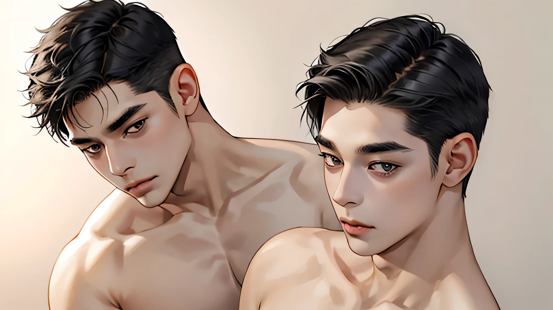 Handsome Japanese male model, 21 years old Black Hair short hair Short cut Face Staring straight into the camera Beautiful Skin slim and muscular My eyes are watering blush Nude from the shoulders up Above the shoulder blade The whole head fits in Front view, expressionless face, both ears visible Gray tone plain background Face and body facing forward