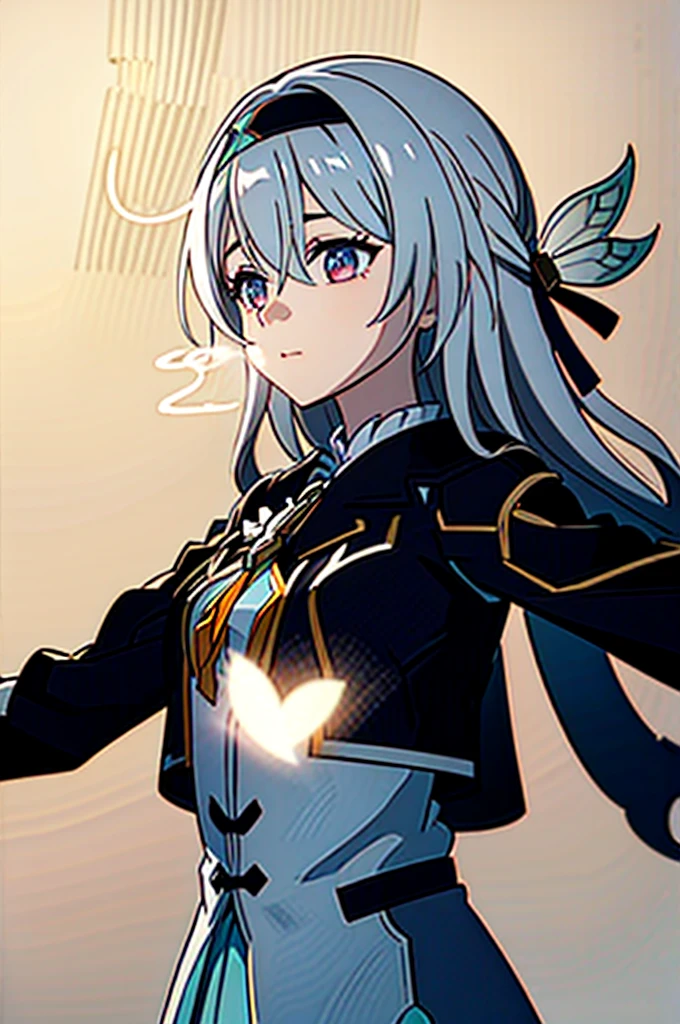 score_9, score_8_up, score_7_up, source_explicit, source_anime, BREAK 1girl, solo, IncrsBlowingKiss, heart, (blowing kiss:1.2), fireflydef, jacket, dress, bow, hairband, hair ornament, grey hair, white background, BREAK depth of field, lights, illumination, Nikkedusk_Style,