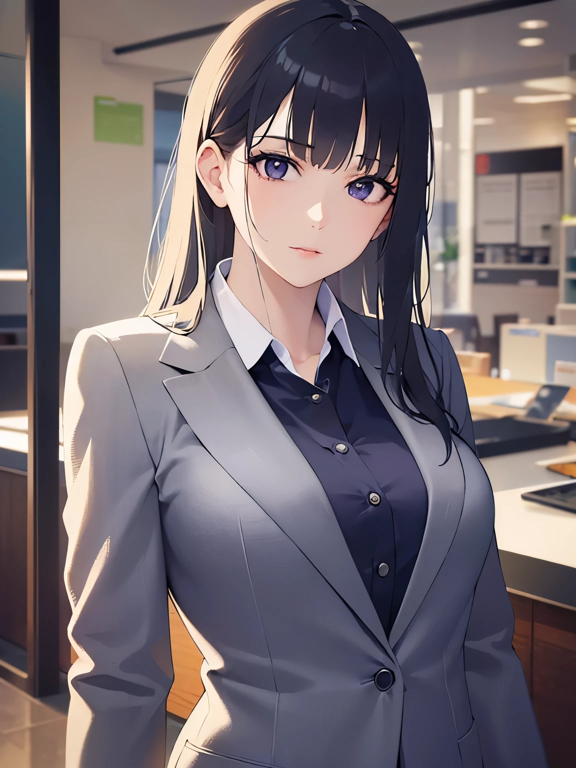 Crossing one’s arms,upper body、
 Realistic, real person, (pale skin: 1.2), RAW photo, photorealistic, shiny skin, shiny hair、
(A 35-year-old woman with medium-length hair and bangs) and (wavy hair) and (brown hair) and (Orange Eyes) (Wearing a business suit:1.5) and (Wearing a white collared shirt)、serious,The background is the office lobby.、Alone、Wearing a black jacket,Are standing