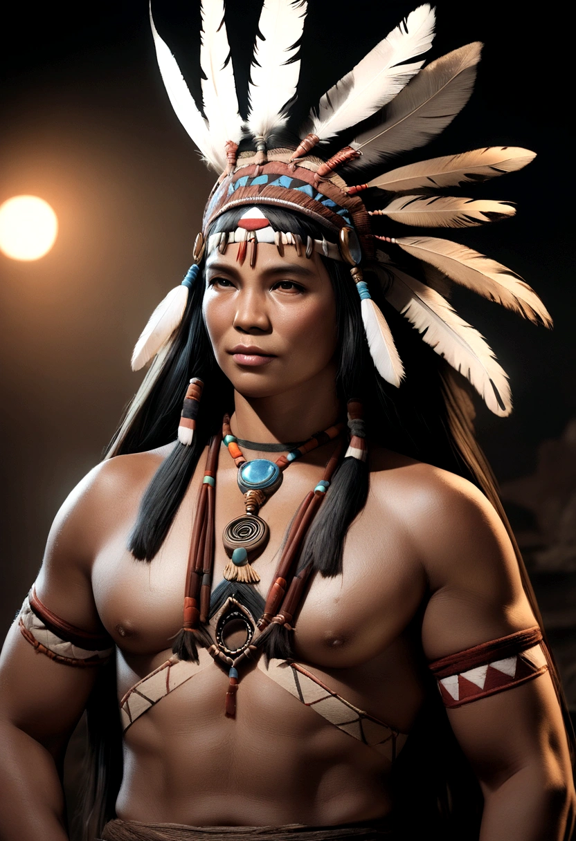 Surreal cinematic image of Indian natives with feathers on their heads, Native Americanアート, Indian Warrior, Native American, Native Americanの戦士, Local art, Native Americanの戦士, First Nationsの男性, Eagle feathers, Skilled Apache warriors, Warrior spirit, American Indian headdress, First Nations族の芸術, : Native American Shameon Fantasy, First Nations, Native American folk art, Indian Realist Art Photography, photo shoot, masterpiece, Realistically, Realism, rendering, High contrast, Digital Art Photography Art Station 8K HD HD Details Real Trend, Detailed, Skin Texture, Super detailed, realistic Skin Textures, armor, Highest quality, 超High resolution, (photographer: 1.4), High resolution, Detailed, Total Draft, sharp, author:Lee Jeffries Nikon D850 Film Stock Photos 4 Kodaport 400 F1 Lenses.6 Rich Colors Realistic Textures Dramatic Textures Dramatic Lighting Unreal Engines Art Station Trends Movie Stills 800