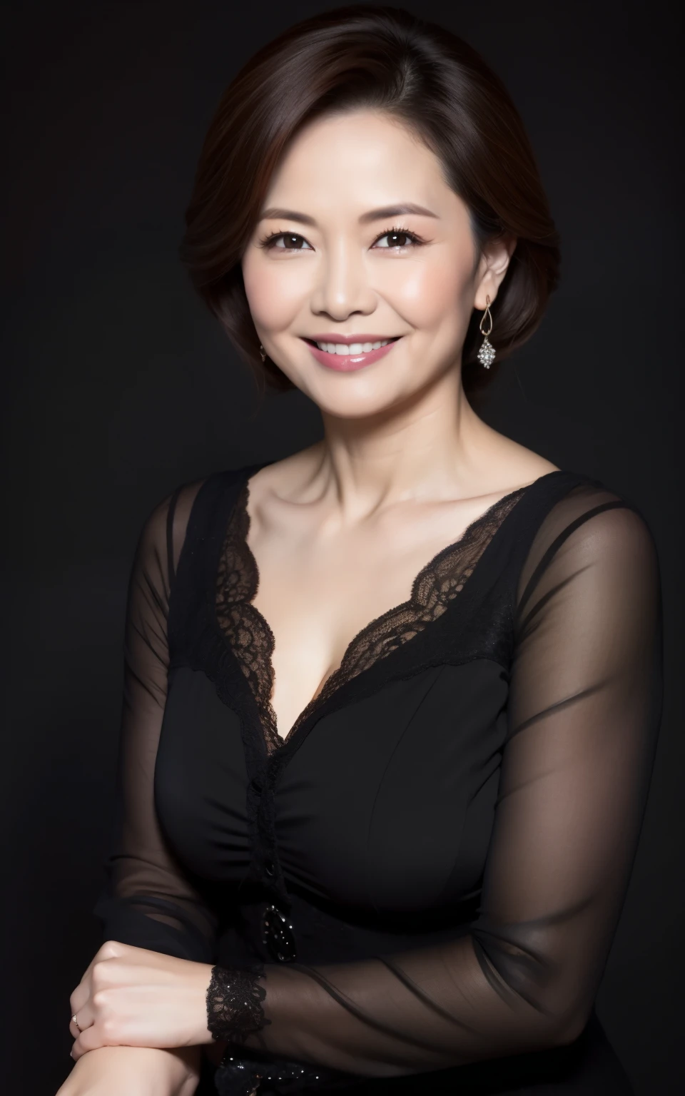 masterpiece,best quality, (milf:1), ((portrait:1.2)), makeup:1.5, cross arms, smile:0.1, (a bit joy:0.5), black background,