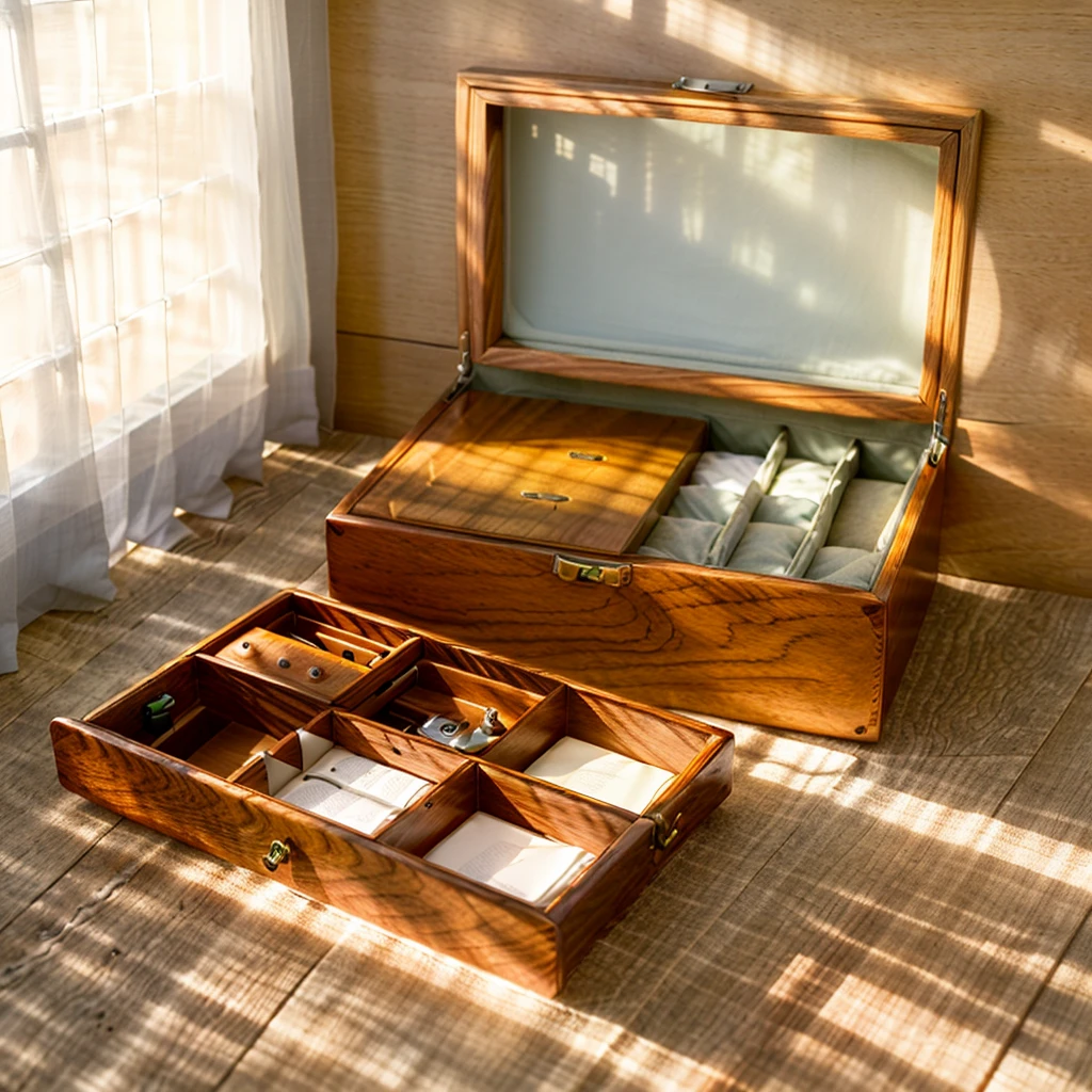 
In this cozy room，A ray of sunlight shone on the table through the half-drawn curtains，Let the wood grain on the watch storage case shine with a faint sheen。There is a calm and serene atmosphere in the surrounding air。Several still lifes hang on the walls of the room，It adds a touch of elegance to the space。And on the other side of the room，A half-open window lets the breeze blow in，The pages on the small desk by the window flipped in the wind，This quiet scene gives a sense of tranquility and comfort。