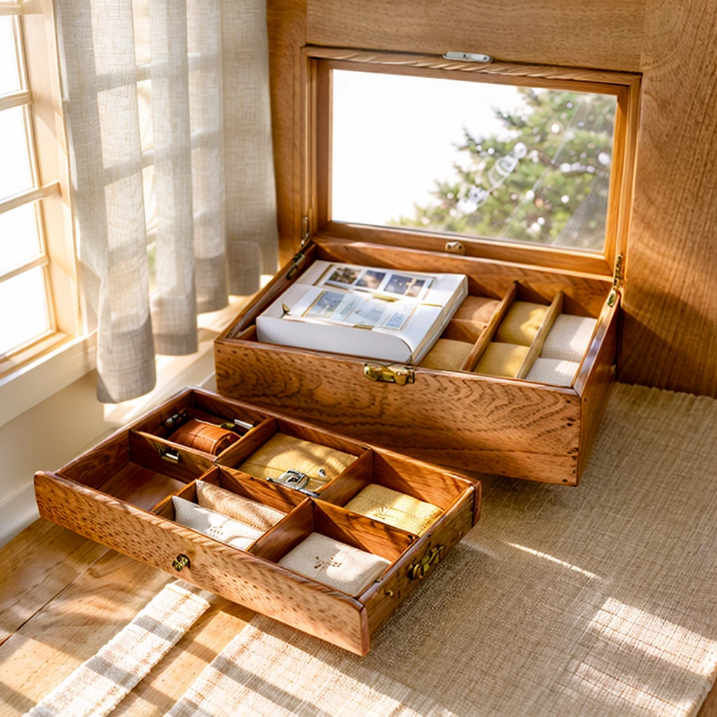 In this cozy room,A ray of sunlight shone on the table through the half-drawn curtains,Let the wood grain on the watch storage case shine with a faint sheen。There is a calm and serene atmosphere in the surrounding air。Several still lifes hang on the walls of the room,It adds a touch of elegance to the space。And on the other side of the room,A half-open window lets the breeze blow in,The pages on the small desk by the window flipped in the wind,This quiet scene gives a sense of tranquility and comfort。