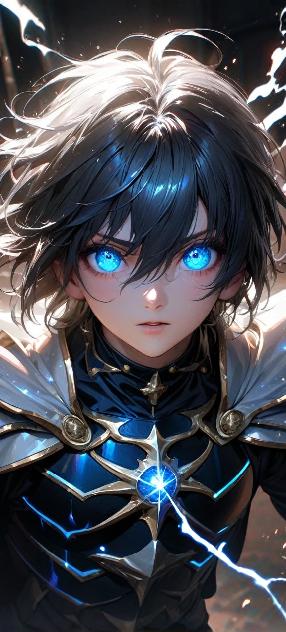  High quality, ultra realistic,absurdres, highres, ultra detailed, HDR, masterpiece, extremely detailed face and eyes,  Sagitarius Seiya, Saint Saiya , White Shinning Angel Armor, solo, ,man, handsome, ,white eyeleshes, blue eyes , angel expresion, white splashing effect, white black lightning  effect,glowing glitters , symetrical , black aura