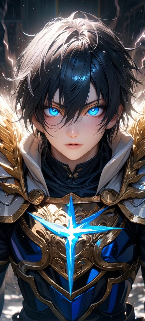 High quality, ultra realistic,absurdres, highres, ultra detailed, HDR, masterpiece, extremely detailed face and eyes, Sagitarius Seiya, Saint Saiya , White Shinning Angel Armor, solo, ,man, handsome, ,white eyeleshes, blue eyes , angel expresion, white splashing effect, white black lightning effect,glowing glitters , symetrical , black aura