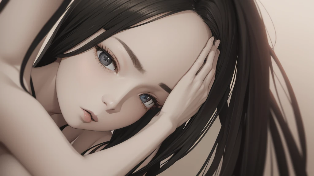 Pale skinned woman, cabelos negros e ondulados; olhos completamente negros; close no rosto.