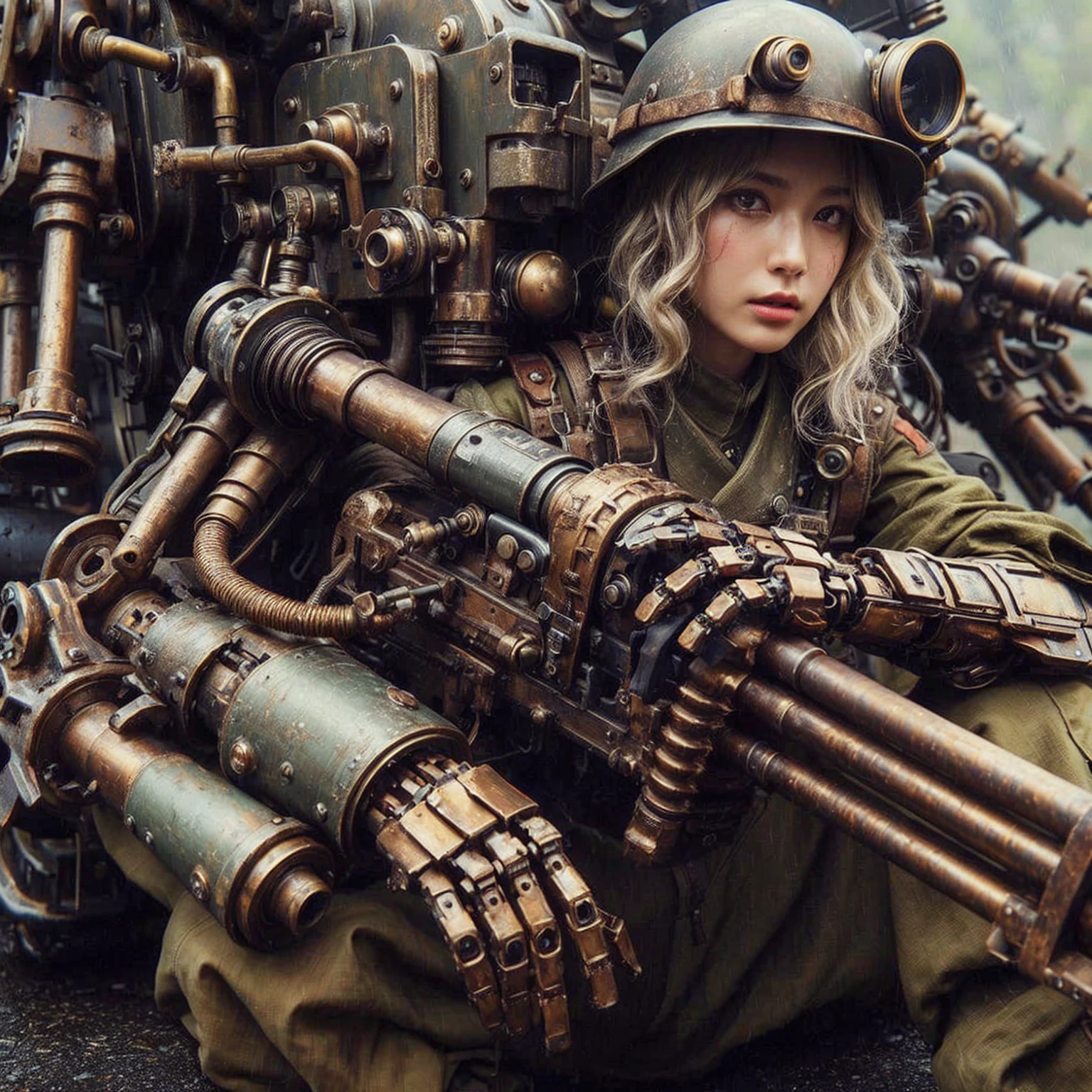 (masterpiece, best quality:1.2), (8k uhd, 16k, 32k, ultra high res), realistic photo, ultra sharp photo result, HDR10, superrealism, (The main subject: Wide-angle lens), (steampunk:1.2), beautiful japanese female, (super beautiful face), legs, Power mechanical suit), (super intricate all details), (super realistic all textures), metallic yellow color, hydraulic cylinder, Rust, scars from previous battles, (steam engine like),cinematic poses in motion, Rain, humidity, jungle