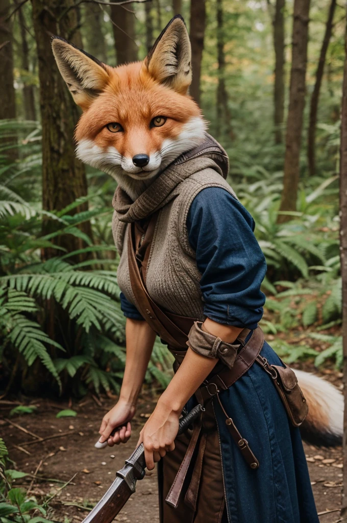 Fox who are wearing scalf and her teeth was outside and he is taking both hand with weapon 