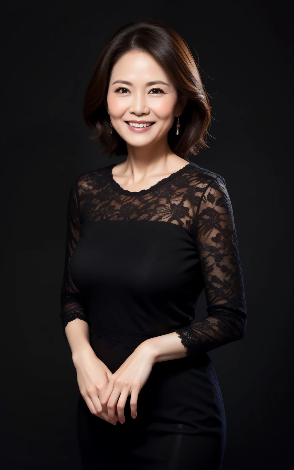 masterpiece,best quality, (milf:1), ((portrait:1.2)), cross arms, smile:0.1, (a bit joy:0.5), black background,