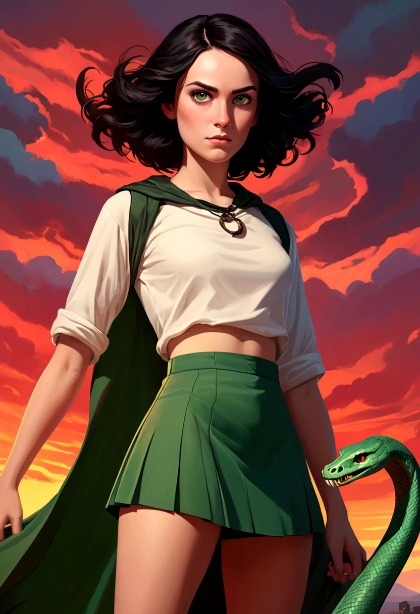 (superflat, flat shading, flat colors:1.1), (magazine cover), (mortifago propaganda poster),  girl, slim a beautiful young girl with short dark hair , daughter of severus snape and lily evans, dark black hair and piercing green eyes,, , , wind lifting skirt, upkirt, (white panties), serious, red sunset, mortifago revolution England, skull and snake, black banners, volumetric lighting, soft light, bright, colorful, sketch
