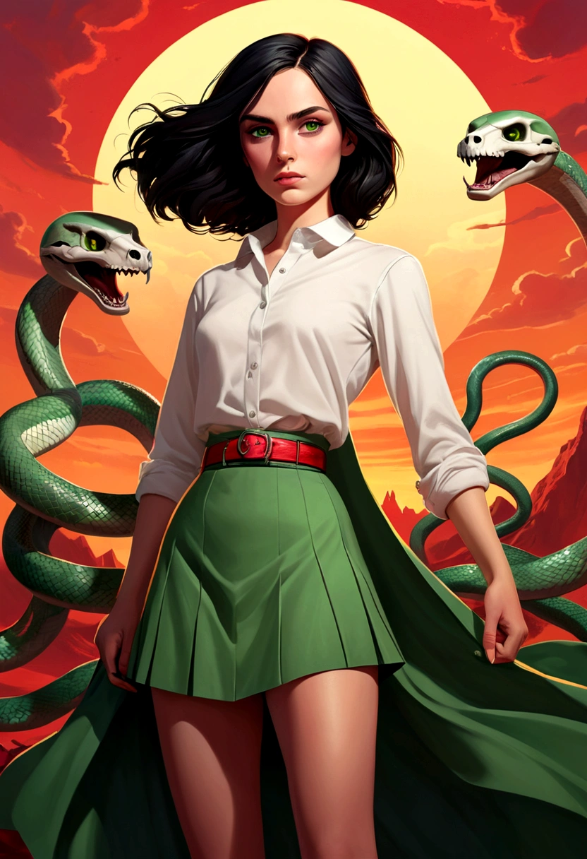 (superflat, flat shading, flat colors:1.1), (magazine cover), (mortifago propaganda poster), 14yo young teen girl, slim a beautiful young girl with short dark hair , daughter of severus snape and lily evans, dark black hair and piercing green eyes,, , , wind lifting skirt, upkirt, (white panties), serious, red sunset, mortifago revolution England, skull and snake, black banners, volumetric lighting, soft light, bright, colorful, sketch