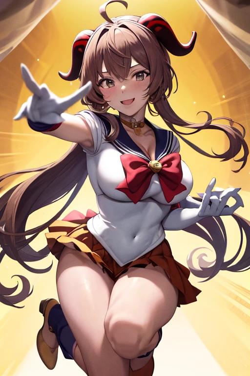 masterpiece, high definition, best quality, rendered art, well formed hands, fingers and body, 1 woman, solo, Ganyu, goat horns , adult, grown up, wearing Sailor Moon's outfit, big breasted, cleavage, full body, sexy sailor senshi uniform, short blue skirt, red boots, gorgeous hips, legs and thighs, white elbow gloves, sailor collar, tiara, earrings, she is fighting in a combat match, showing her fighting skills, making her guard, about to hit the viewer, looking at the viewer, sweating, bouncing breasts, smiling joyfully and brightly, being confident and proud, action and fighting scene, martial arts arena with beach environment 