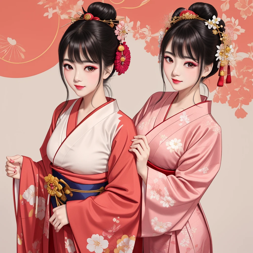 Each has a different expression２People and sisters、(２ girls）、｟Dancing traditional arts with grace)、((Big Breasts、Small Face、Not exposed))、Highest quality、masterpiece、（Black Hair、Bun Hair）、Brown Eyes、｟Wide angle、Angle from above the waist、雑誌の表紙のPause、Their gazes are different, gazing into the distance｠、(８K High Quality、masterpiece、High resolution、Realistic and beautiful light and shadow、(Highest quality)、(High Resolution)、(Very delicate and beautiful)、(Beautiful 8k face)、(With a smile、Beautiful eyes)、(Clear skin)、(Soft hair)、(８Head to Body)、(A Japanese style yukata kimono with red, pink and orange floral patterns on a white background, interspersed with gold powder、Wearing a yukata２Beautiful Japanese girls)、((Tanabata decoration background))、((Small Face))、(arms up)、Thin and small nose、（Red lipstick）、（Make your cheeks red）、（Glossy skin）、((Ink painting style))、Very thin eyebrows、Overall ultra-high image quality、（She is wearing maiko-style makeup.）、Whitening、Long and beautiful eyelashes、Glowing Skin、（Red cheeks）,Straight nose、masterpiece、Highest quality、whole body、 Eyebrows visible through hair、Bun Hair、Grin、Gal、コGal、Viewer&#39;s Eyes、Plaid、Stylish、woman、fine、Pause、
Waiting to start 
