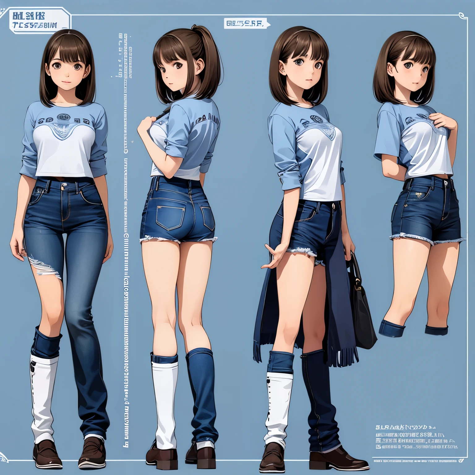 Detailed character sheet, Front view, Side view, Diagonal view, with a white returnground, show women, 18-year-old, with short dark brown hair combed return, Wearing light casual clothing, Wearing tight denim jeans. The seat includes different angles, Front etc., return, and Side views, Model sheets and reference sheets, Full-body painting. Proportions are based on a 7.5 head scale