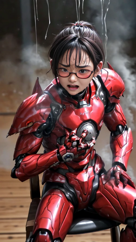 Rough skin, Very detailed, Advanced Details, high quality, 最high quality, High resolution, 1080p 、Bleeding from the wound、Red Armor、Wearing red and black、cute((Severe damage to the entire body))(Wearing a damaged female robot suit...)(Red Armor)(Broken Armor)Black Hair、Glasses、Chiquita、Soaking wet、Open your mouth、Sweaty face、It hurts again、cute、knock down、Droolinging from the mouth、Female college student　　(Steam coming out of the face) ((Steam from the body)) Sit on a chair　Touching the vagina　Drooling　look up　suffering　Filming location　Remove the helmet　My eyes disappeared