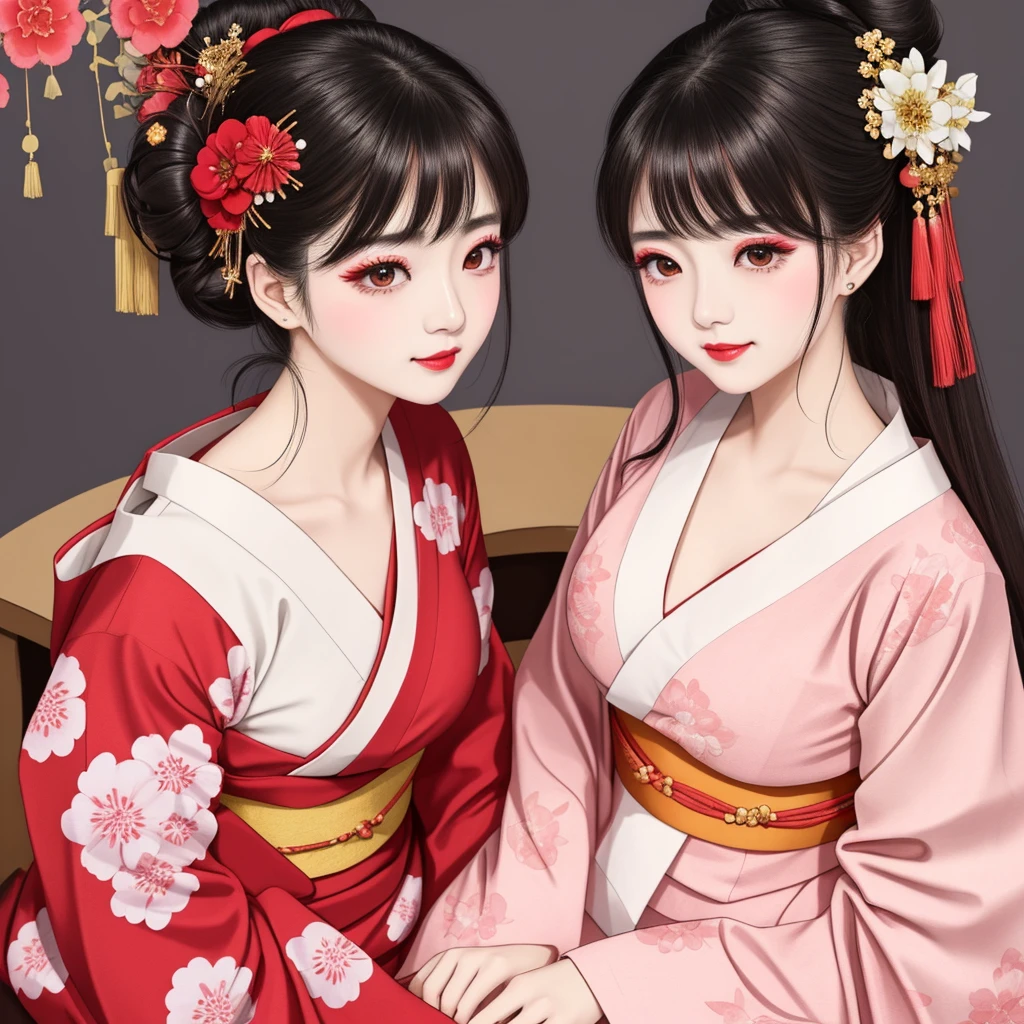 Each has a different expression2People and sisters、(2 girls)、⦅Dancing traditional arts with grace)、((Big Breasts、Small Face、Not exposed))、Highest quality、masterpiece、(Black Hair、Bun Hair)、Brown Eyes、⦅Wide angle、Angle from above the waist、雑誌の表紙のPause、Their gazes are different, gazing into the distance⦆、(8K High Quality、masterpiece、High resolution、Realistic and beautiful light and shadow、(Highest quality)、(High Resolution)、(Very delicate and beautiful)、(Beautiful 8k face)、(With a smile、Beautiful eyes)、(Clear skin)、(Soft hair)、(8Head to Body)、(A Japanese-style yukata kimono with red, pink, orange and blue floral patterns on a white background, interspersed with gold powder、Wearing a yukata2Beautiful Japanese girls)、((Tanabata decoration background))、((Small Face))、(arms up)、Thin and small nose、(Red lipstick)、(Make your cheeks red)、(Glossy skin)、((Ink painting style))、Very thin eyebrows、Overall ultra-high image quality、(She is wearing maiko-style makeup.)、Whitening、Long and beautiful eyelashes、Glowing Skin、(Red cheeks),Straight nose、masterpiece、Highest quality、whole body、 Eyebrows visible through hair、Bun Hair、Grin、Gal、コGal、Viewer's Eyes、Plaid、Stylish、woman、fine、Pause、
Waiting to start