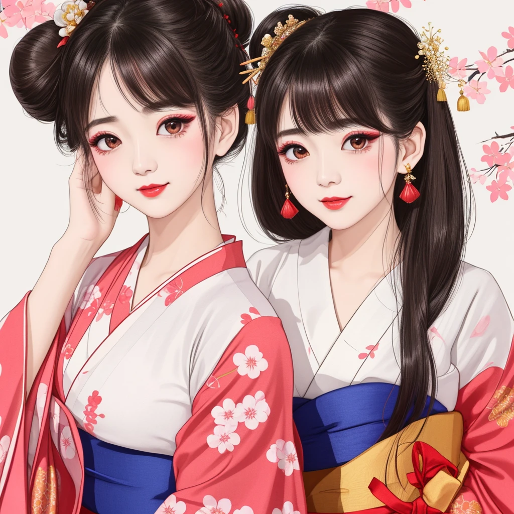 Each has a different expression2People and sisters、(2 girls)、⦅Dancing traditional arts with grace)、((Big Breasts、Small Face、Not exposed))、Highest quality、masterpiece、(Black Hair、Bun Hair)、Brown Eyes、⦅Wide angle、Angle from above the waist、雑誌の表紙のPause、Their gazes are different, gazing into the distance⦆、(8K High Quality、masterpiece、High resolution、Realistic and beautiful light and shadow、(Highest quality)、(High Resolution)、(Very delicate and beautiful)、(Beautiful 8k face)、(With a smile、Beautiful eyes)、(Clear skin)、(Soft hair)、(8Head to Body)、(A Japanese-style yukata kimono with red, pink, orange and blue floral patterns on a white background, interspersed with gold powder、Wearing a yukata2Beautiful Japanese girls)、((Tanabata decoration background))、((Small Face))、(arms up)、Thin and small nose、(Red lipstick)、(Make your cheeks red)、(Glossy skin)、((Ink painting style))、Very thin eyebrows、Overall ultra-high image quality、(She is wearing maiko-style makeup.)、Whitening、Long and beautiful eyelashes、Glowing Skin、(Red cheeks),Straight nose、masterpiece、Highest quality、whole body、 Eyebrows visible through hair、Bun Hair、Grin、Gal、コGal、Viewer's Eyes、Plaid、Stylish、woman、fine、Pause、
Waiting to start