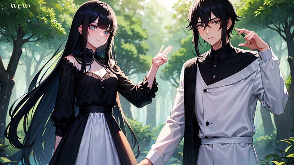 A boy and a girl, 1 woman (She has long black hair), 1 man (he has short black hair).wearing a formal dress， Anime style,Delicate facial features，Beautiful eyes，Expression smile，Delicate facial features，Pretty Face，daytime， Stand in the forest， Sunlight，Backlight
