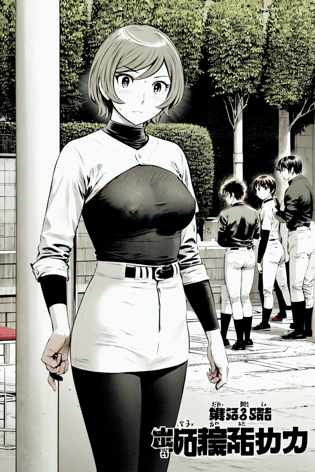 (野球uniform:1.2),
Blonde, (short hair:1.2),Long sleeve, Black Shirt, turtleneck,White trousers、uniform、Black belt、((People illustrations))、Big Breasts、
View your audience,, (Highest quality:1.3),One Girl, White pants、uniform、Outdoor、baseball ground、ground、soil、blue eyes、Tight black shirt、(masterpiece、Highest quality)、Highest quality, Ultra-high resolution, (((masterpiece))), alone, Sweat、Big eyes、Big Breasts、One Girl, Front view、Embarrassed face、Bronze colored hair、((short hair))、Stand up straight、Breasts exposed、Large areola、Nipples、Browsing Caution