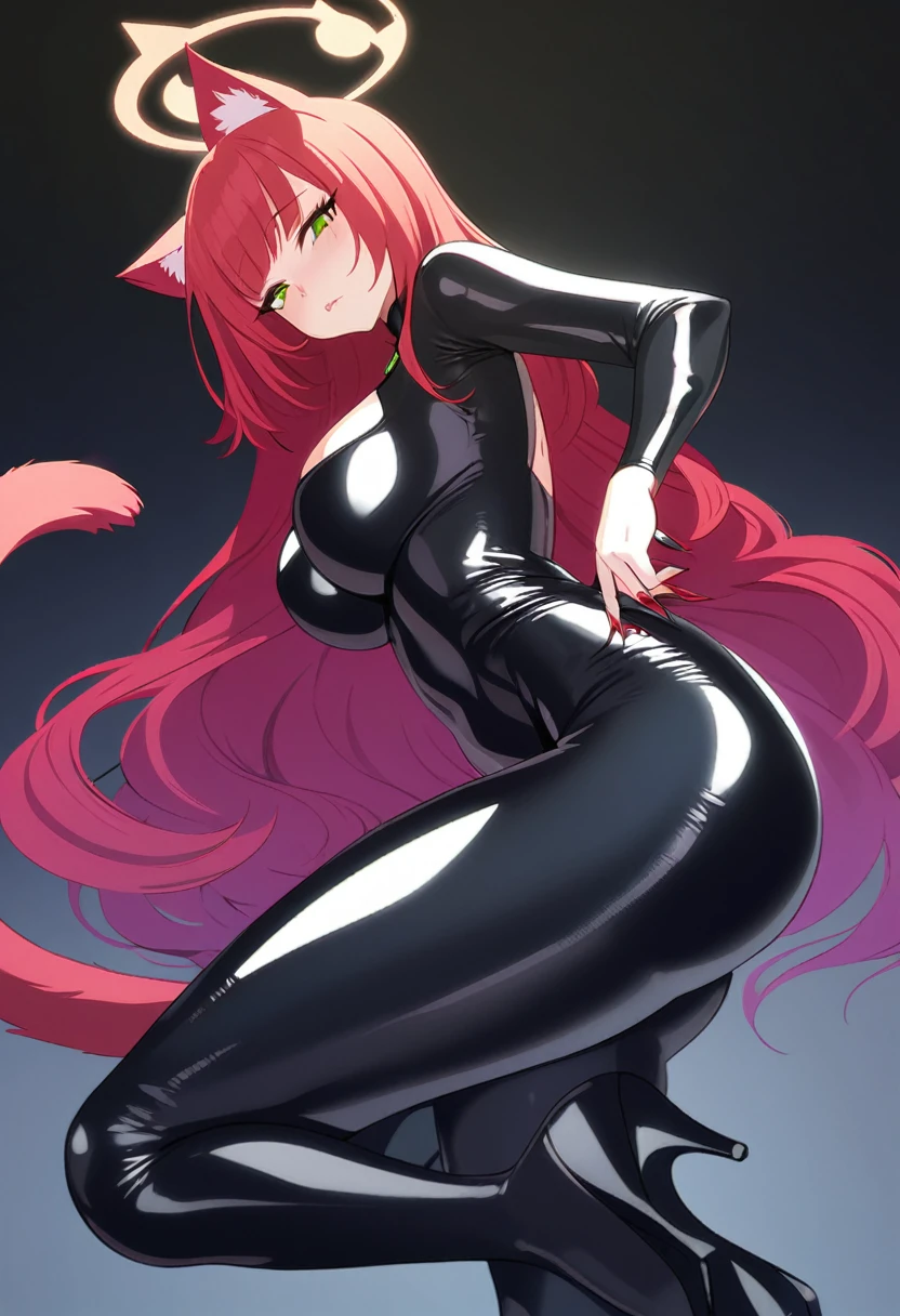 A breathtaking cat girl with stunning red hair cascading down her back, flowing gracefully over her curvaceous form. Her piercing green eyes seem to gaze directly into the viewer's soul, demanding attention. She is dressed in a form-fitting midnight black latex catsuit that hugs her curves and emphasizes her hourglass figure. The suit stretches tautly over her ample chest, accentuating her perky breasts, while the latex hugs her toned waist and accentuates her round hips. Her long, sleek legs are encased in tight-fitting latex pants that hug her thighs and accentuate her shapely calves. Her feline features are further enhanced by the addition of cat ears atop her head and a tail gracefully swaying behind her. Her painted, red, pointed nails extend elegantly from delicate hands and feet, accentuating her feline grace. The image is set against a simple, black background, allowing the focus to remain squarely on the alluring cat girl and her captivating appearance.