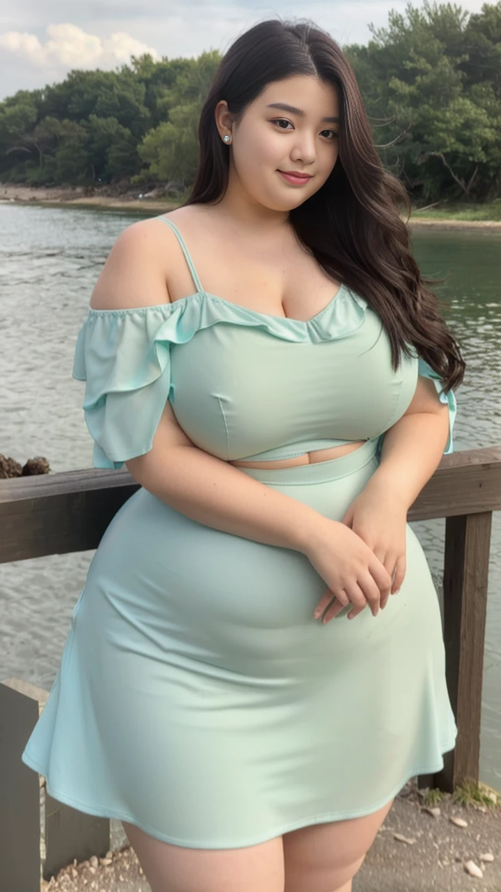 ((best quality)), ((masterpiece)), (detailed), perfect face, araffeTight skirtsShort , thicc, wavy short hair, she has a jiggly fat round belly, bbwchan, wearing tight simple clothes, skinny waist and thick hips, widest hips, her belly is fat and round, soft curvy shape, hyperrealistic full figure, wearing a cute top, wide hips, Blue swimsuit,On the beach by the seaBlue