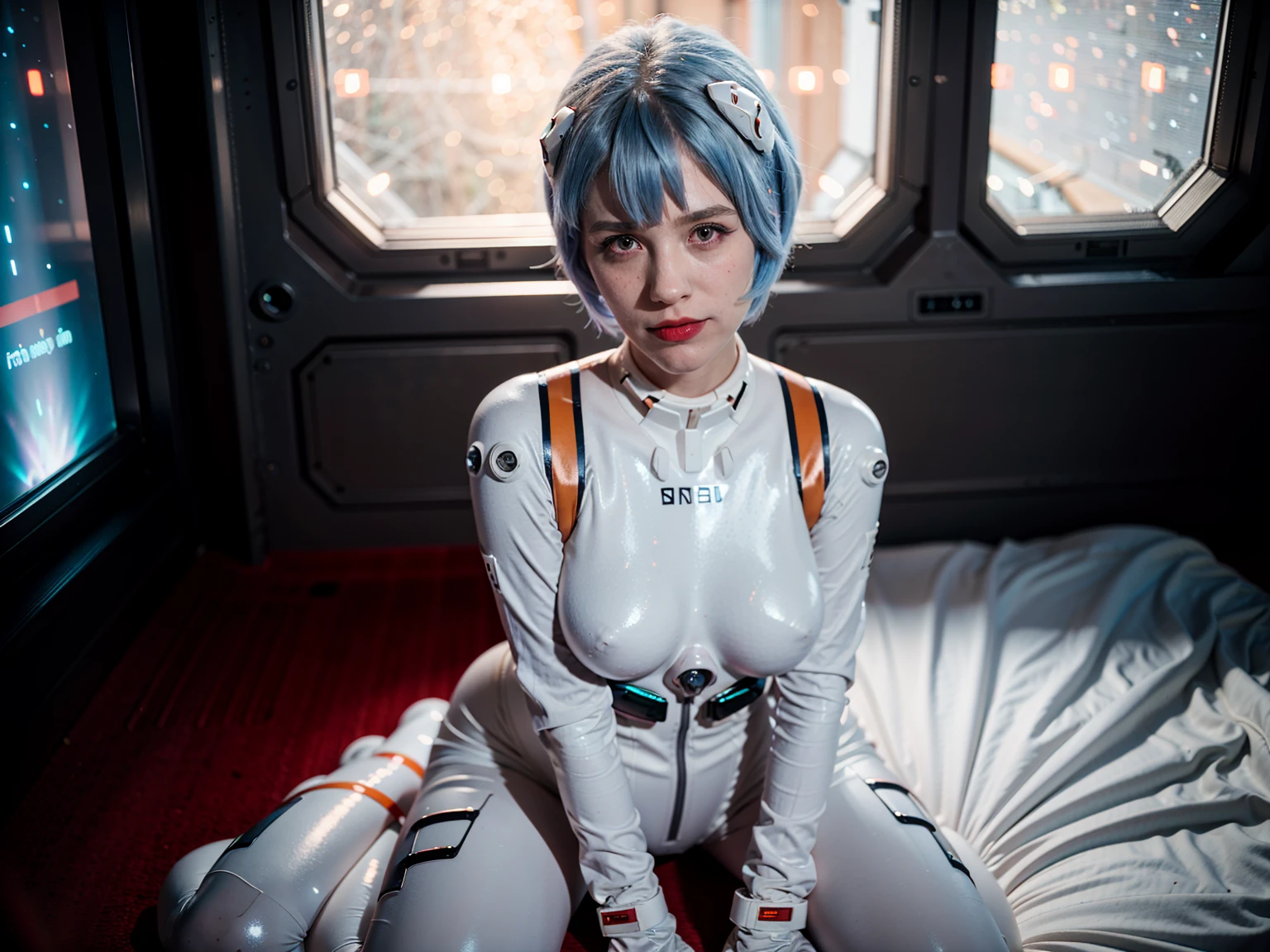 (masterpiece), (best quality), (red eyes), (epiCRealLife), (red lipstick),(cleavage), (j4nu4ryj0n3s) (young woman), (European Model), (Plugsuit), (ayanami_rei plugsuit), interface headset, white bodysuit),(white gloves) (red eyes), (blue hair), (medium breasts),(flash photography), (natural lights), (ample lights),( light smile), (pose for picture), (white gloves), (light smile), (lying on the space bed), (space station lobby), (kneeling poses), (spaceship cockpit), (galaxy scenery),