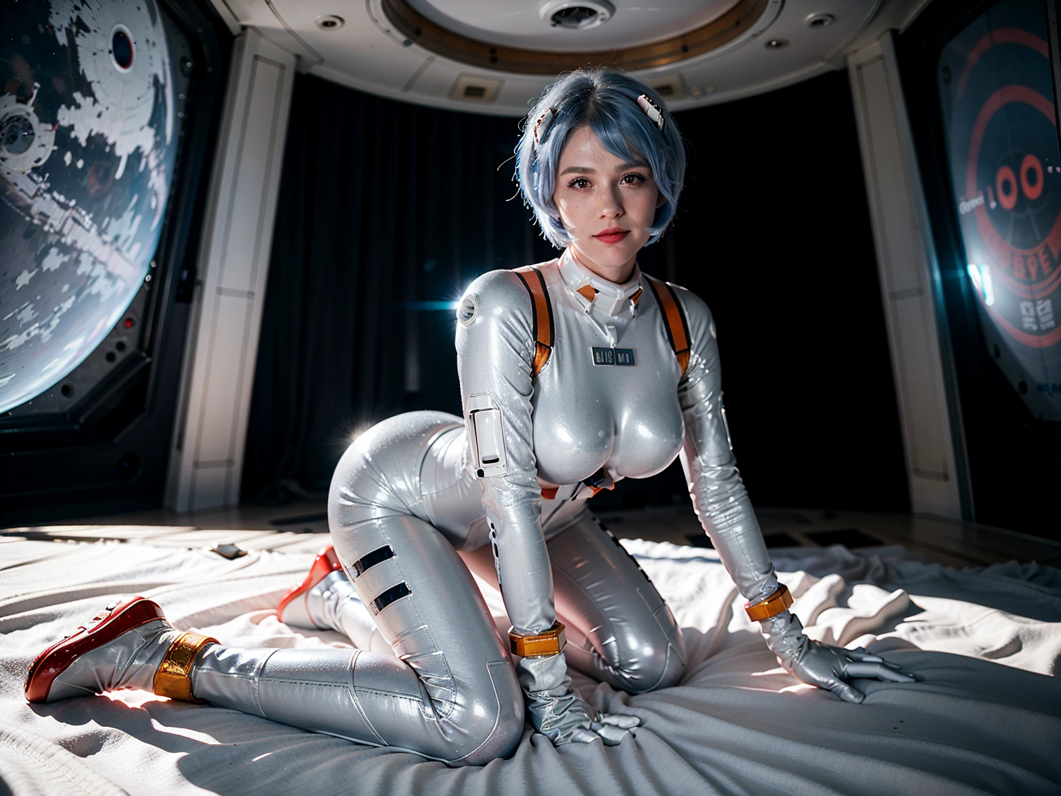 (masterpiece), (best quality), (red eyes), (epiCRealLife), (red lipstick),(cleavage), (j4nu4ryj0n3s) (young woman), (European Model), (Plugsuit), (ayanami_rei plugsuit), interface headset, white bodysuit),(white gloves) (red eyes), (blue hair), (medium breasts),(flash photography), (natural lights), (ample lights),( light smile), (pose for picture), (white gloves), (light smile),  (lying on the space bed), (space station lobby), (kneeling poses), (spaceship cockpit), (galaxy scenery), 