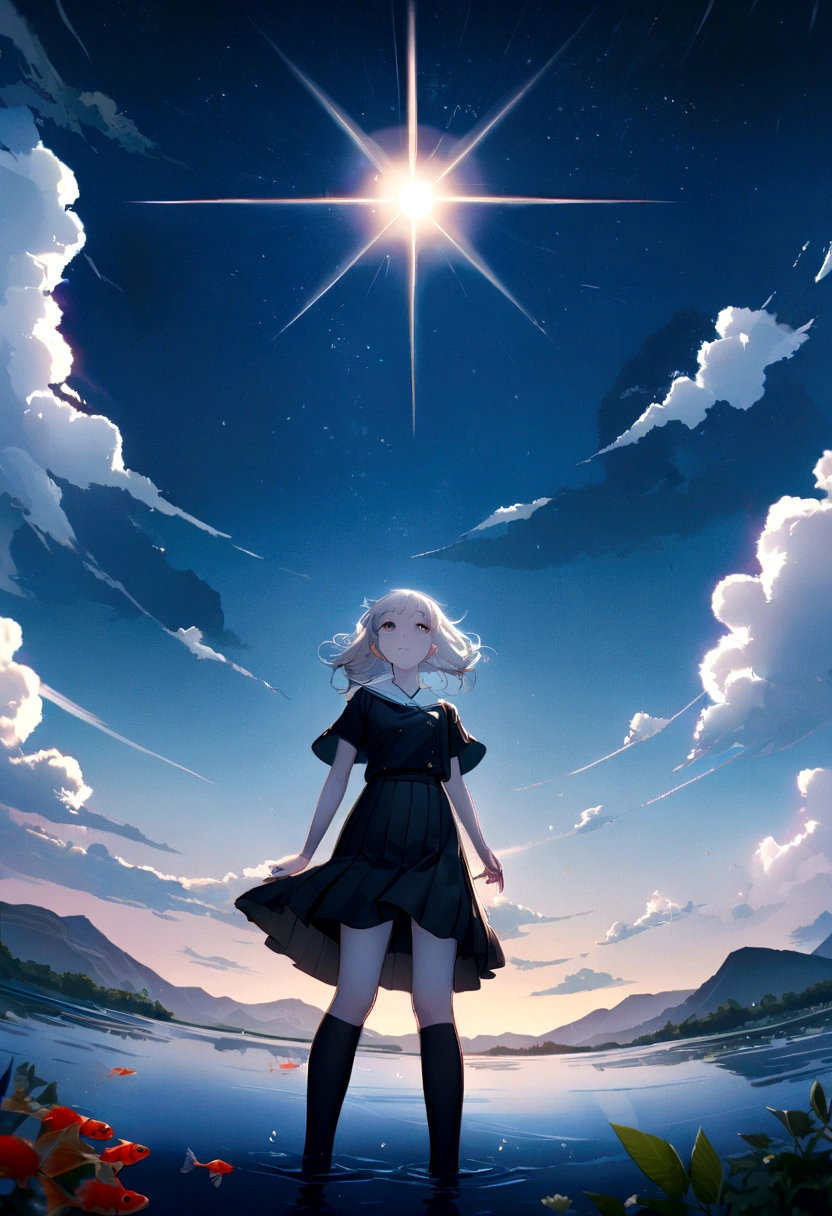 woman\(, 15 yearer short silver hair sways, Space-colored eyes, school black uniform, Pale skin, Tired face、Lack of eye sparkle\) Look up at the sky, Many cute goldfish with shining red scales are swimming in the air., Transparent foam, Like something in the water, Shining all over the sky., Beautiful sky, Beautiful Clouds, there are puddles at ground and the landscape is reflecting beautifully,  Summer flowers are blooming everywhere, I see the wind blowing and shining, There is a noon moon and a noon star in the sky,From below, break ,quality\(8k,非常に精細なCGユニットのwallpaper, masterpiece,High resolution,top-quality,top-quality real texture skin,Surreal,Increase the resolution,RAW Photos,最高quality,Very detailed,wallpaper,Cinema Lighting,Ray Tracing,Golden Ratio\),(Long Shot),landscape,