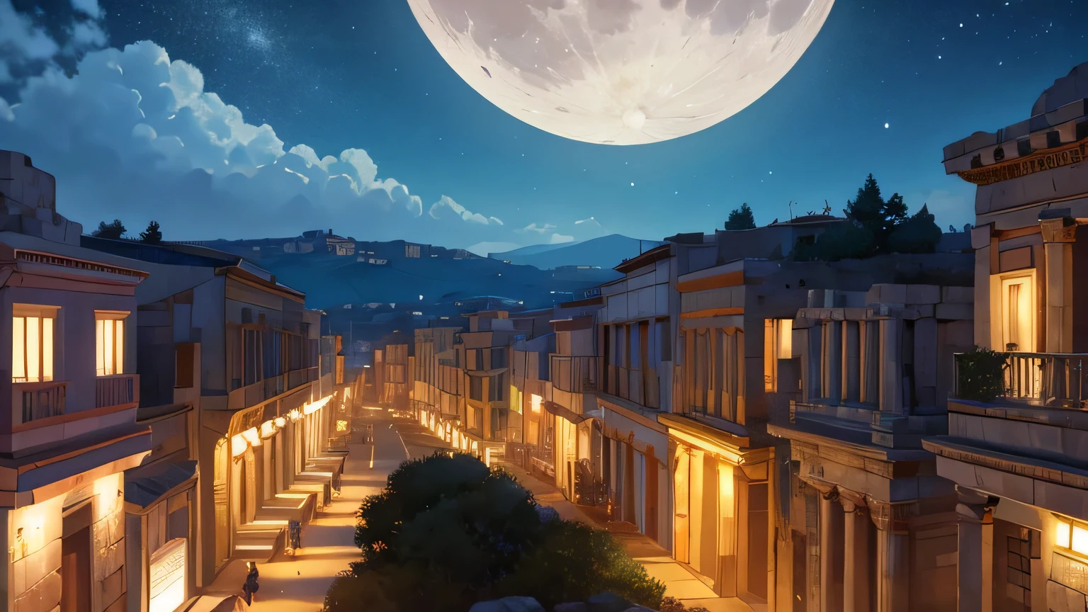 moon in the night sky of ancient greek city from the 1st century AD