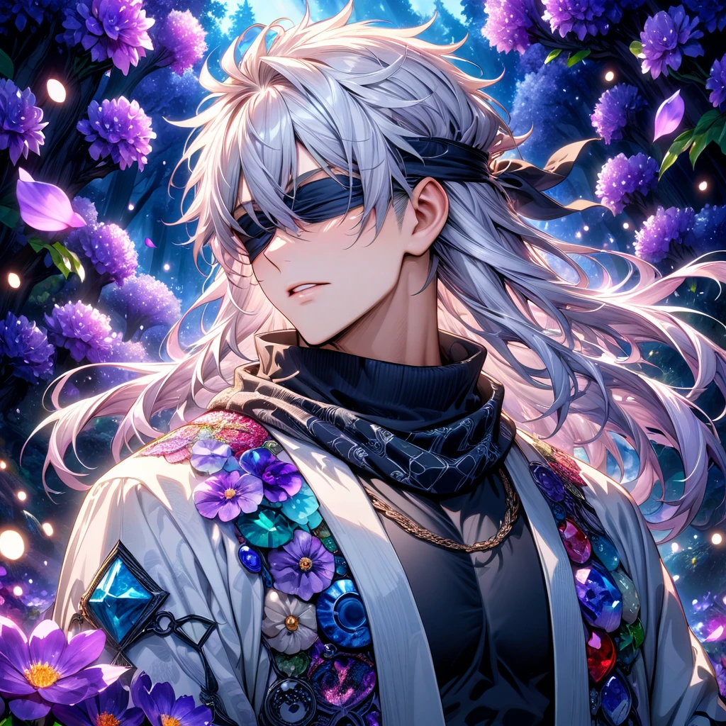Ultra detailed, highres, absurdres, HDR, master piece, Gojou Satoru, white hair with bangs, long hair, hair between the eyes, blindfolded eyes, black scarf with patterns, white haori, Jujutsu Kaisen, fantasy, purple and violet petals, violet forest, purple flowers, handsome, sexy man, solo, magical, shining fireflies, best quality, extremely detailed face, black tight shirt,