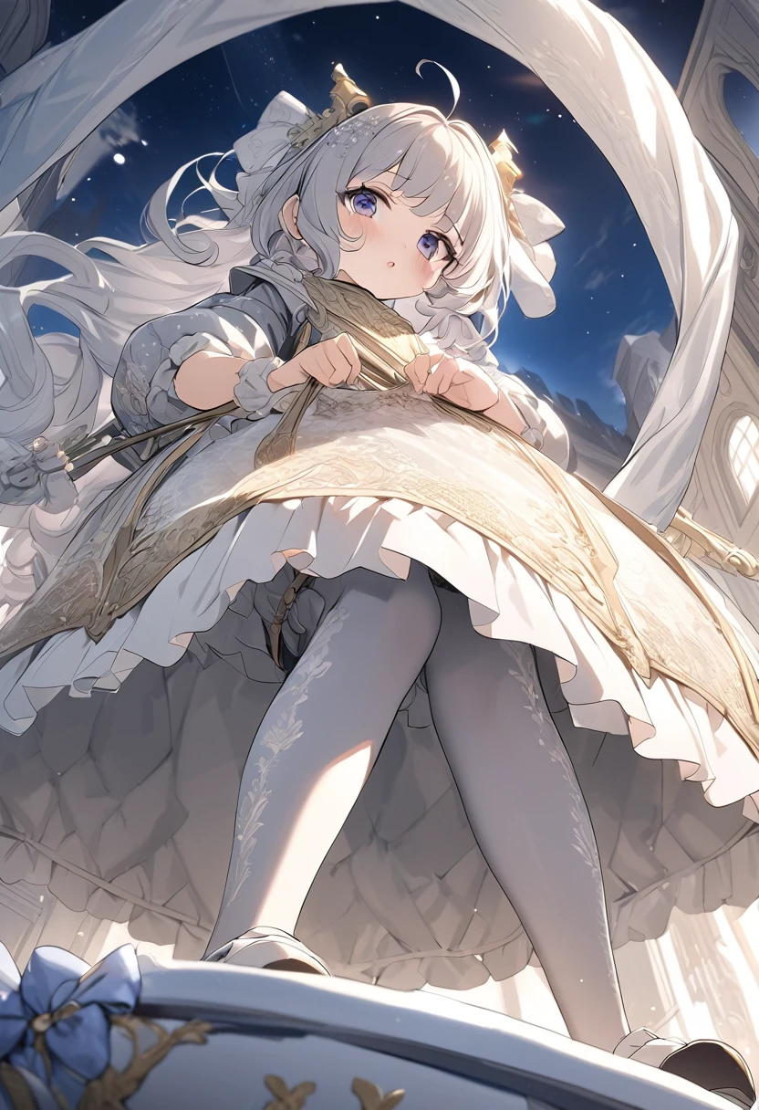 (Highly detailed CG Octane render 8k wallpaper), The most beautiful works of art in the world, Full body shot from below, Complex, High detail, ８Year old girl, Gold and silver embroidery, Grey Pearl Medieval Mini Dress（With panniers）, Translucent fabric, Pull up your skirt, Strong winds, Translucent slip, Grey translucent tights, Peeking from below, Highest quality, Disorder of clothing, Lying down, underwear, Show off your thighs, night