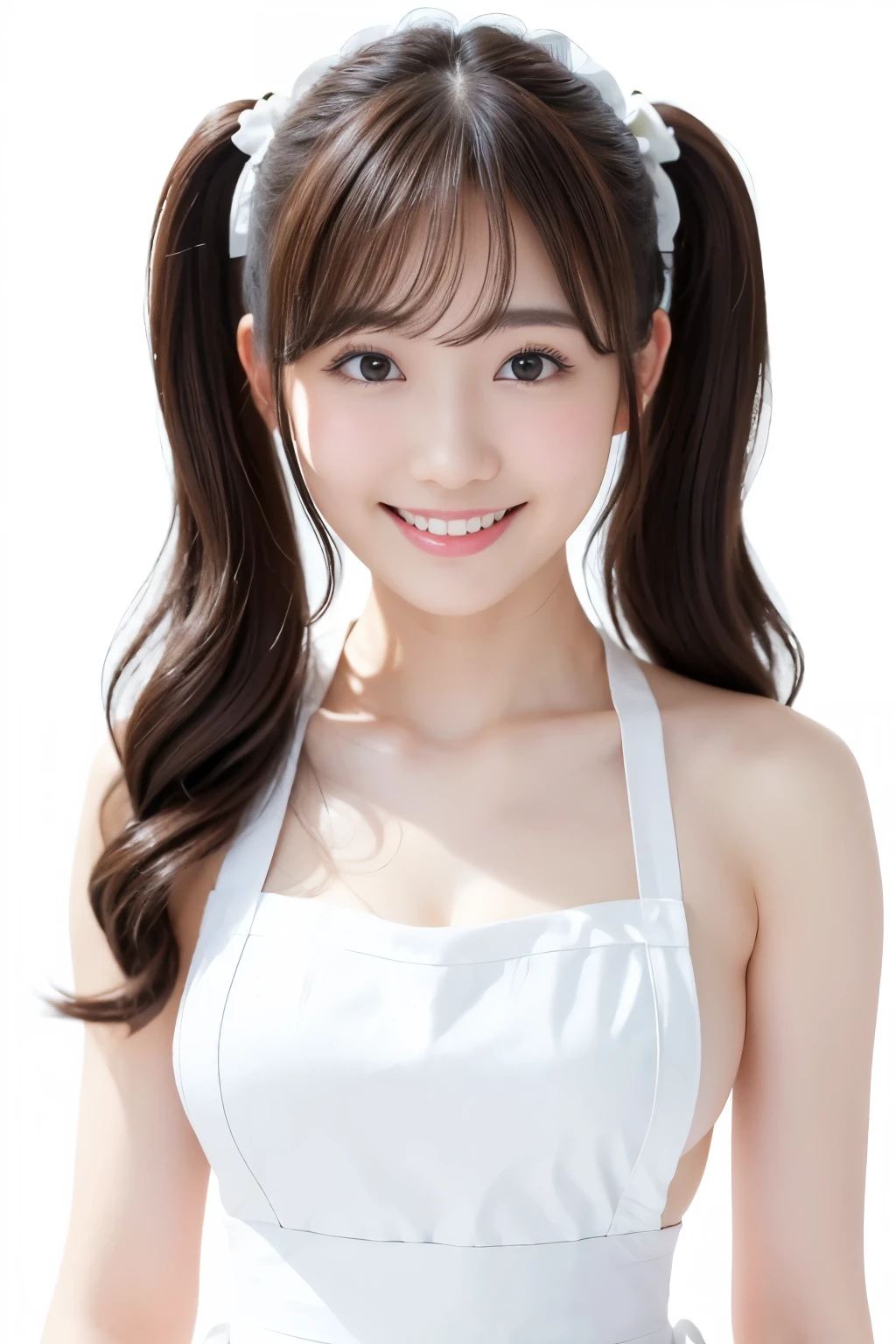 (Highest quality、Tabletop、8k、Best image quality、Award-winning works)、1. pretty girl、(Wavy twin tails:1.1)、(Naked and white apron:1.2)、(The perfect pure white apron:1.3)、Perfect girl portrait photo、Glowing Skin、Brown Hair、(Large Breasts:1.3)、(Accentuate your body lines:1.1)、Standing Elegantly、(Face close-up:1.3)、Woman looking up at me、Cute Smile、(The simplest solid white background:1.5)