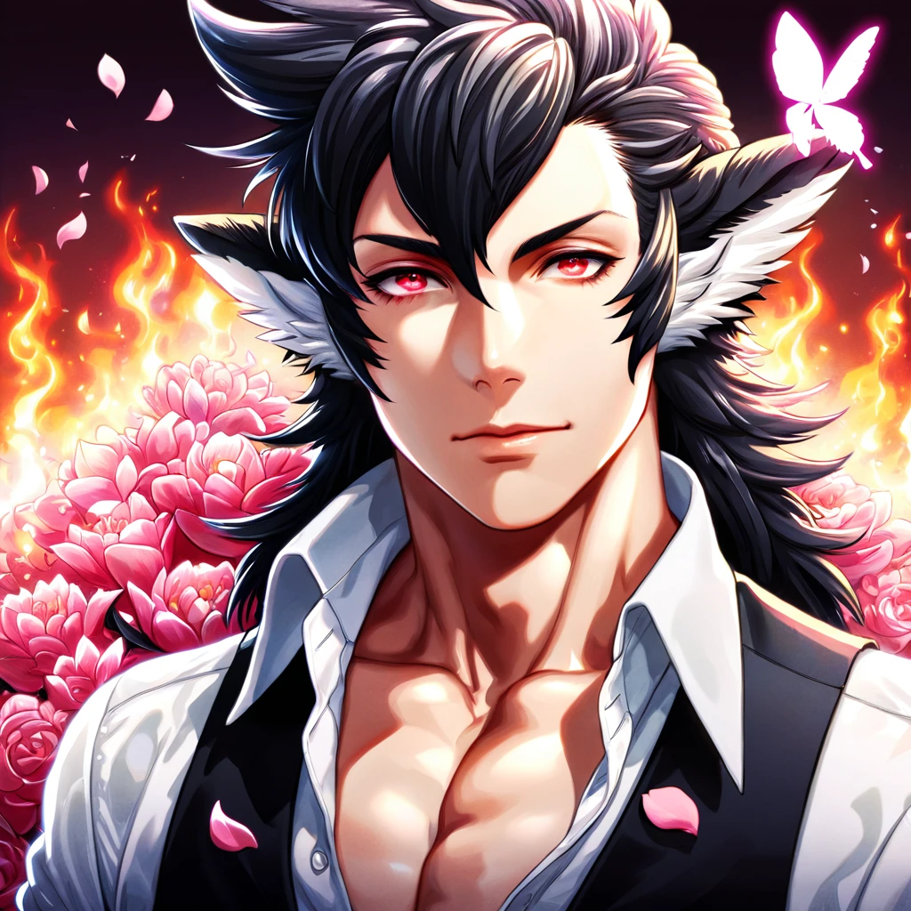 absurdres, highres, ultra detailed, HDR, master piece, best quality, Keaton, black hair, white streaks, expressive red eyes, fire emblem fates, solo, sexy man, handsome, black vest, white shirt, fantasy, shining, water, pink flowers, pink blossoms, pink butterflies, pink petals